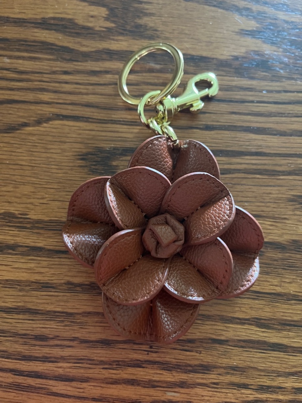 Brown Leather Flower Keychain/Purse Charm with Gold Hardware